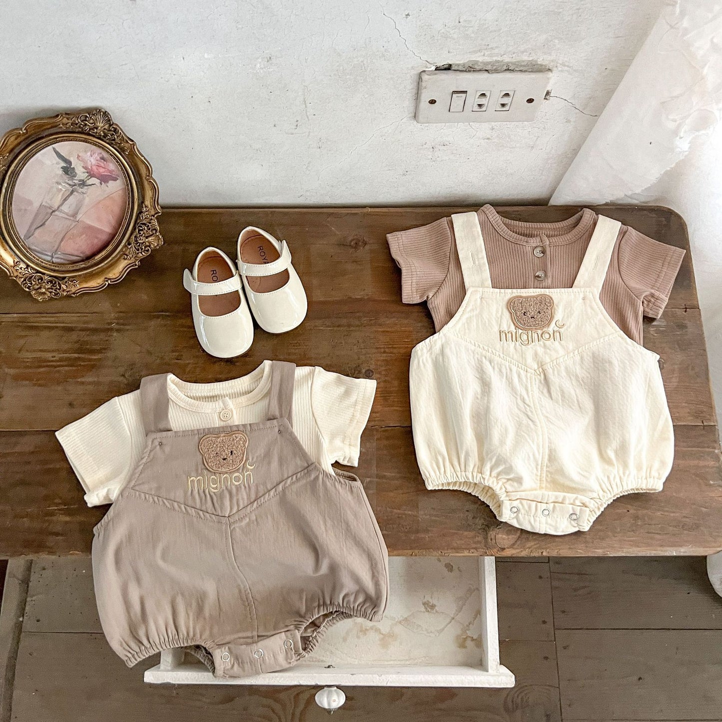 Baby Bear Pattern Strap Overall WIth Solid Color Shirt Sets