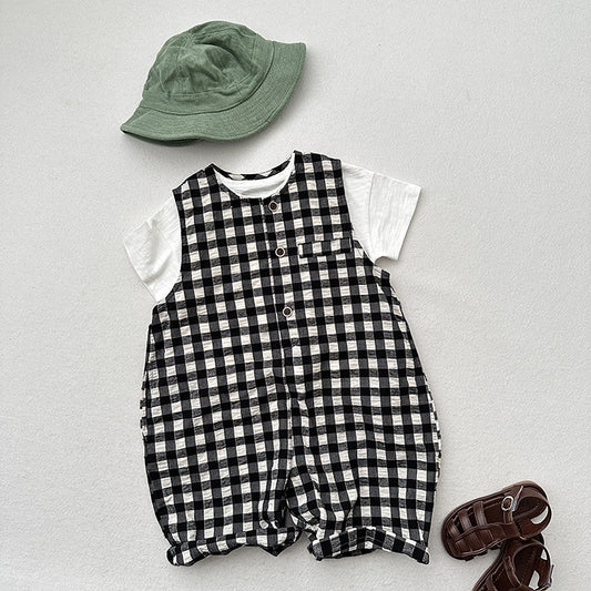 New Arrival Summer Baby Kids Unisex Black Plaid Sleeveless Single Breasted Cotton Romper