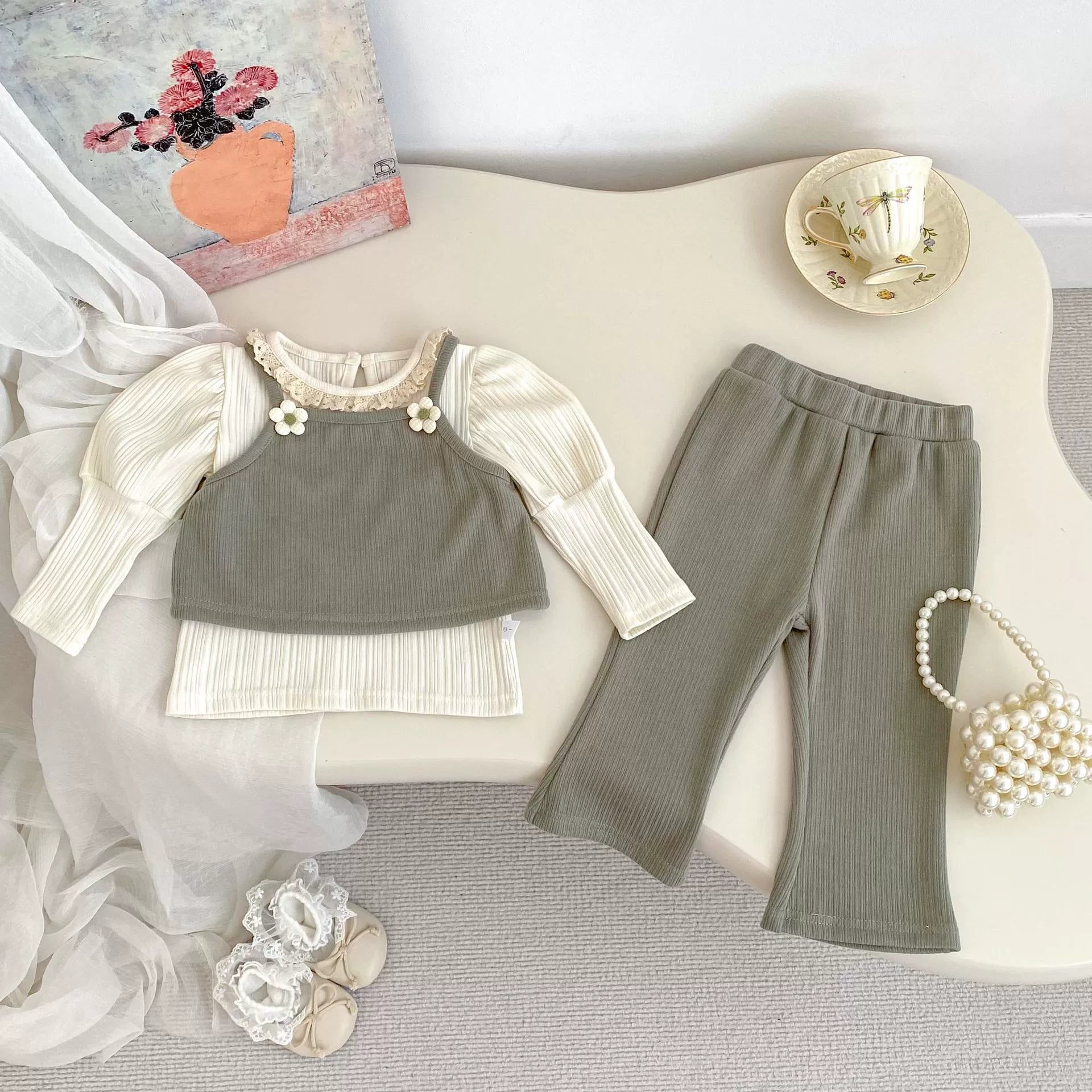 Spring and Autumn Baby Kids Girls Flowers Decorated Sleeveless Vest, Plain Long Sleeves Top and Pants Clothing Set, MyKids-USA®, Baby & Toddler Outfits, MyKids-USA - Size/Age - 73 (6-9M) - Color - Green -  -  - TR2509042151-A