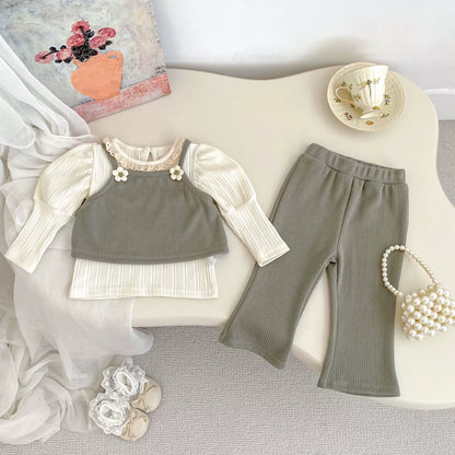 Spring and Autumn Baby Kids Girls Flowers Decorated Sleeveless Vest, Plain Long Sleeves Top and Pants Clothing Set, MyKids-USA®, Baby & Toddler Outfits, MyKids-USA - Size/Age - 73 (6-9M) - Color - Green -  -  - TR2509042151-A