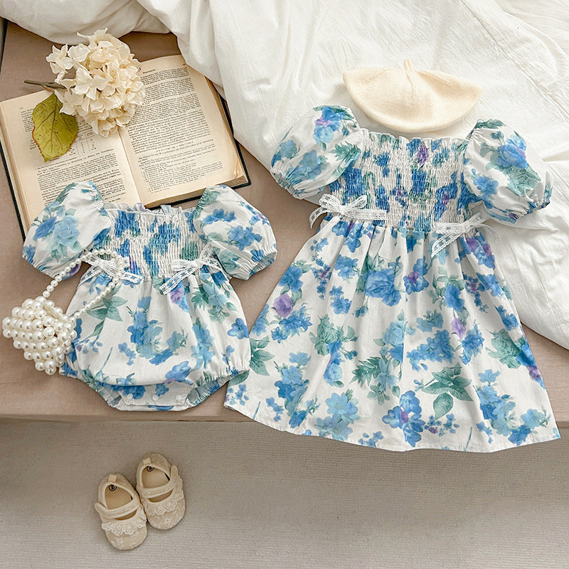 Summer Girls Blue Floral Pattern Square Neck Pleated Bodysuit and Girls Dress Princess Sister Matching Set 73 (6-9M) / Blue Summer Girls Blue Floral Pattern Square Neck Pleated Bodysuit and Girls Dress Princess Sister Matching Set 73 (6-9M) / Blue