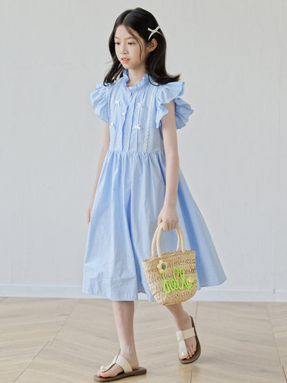 Summer Arrival Fly Sleeves Butterfly-bow and Lace Pattern Dress for Stylish Girls