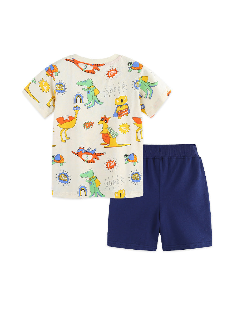 Arrival Summer Baby Kids Boys Short Sleeves Animals Pattern T-shirt and Plain Shorts Clothing Set
