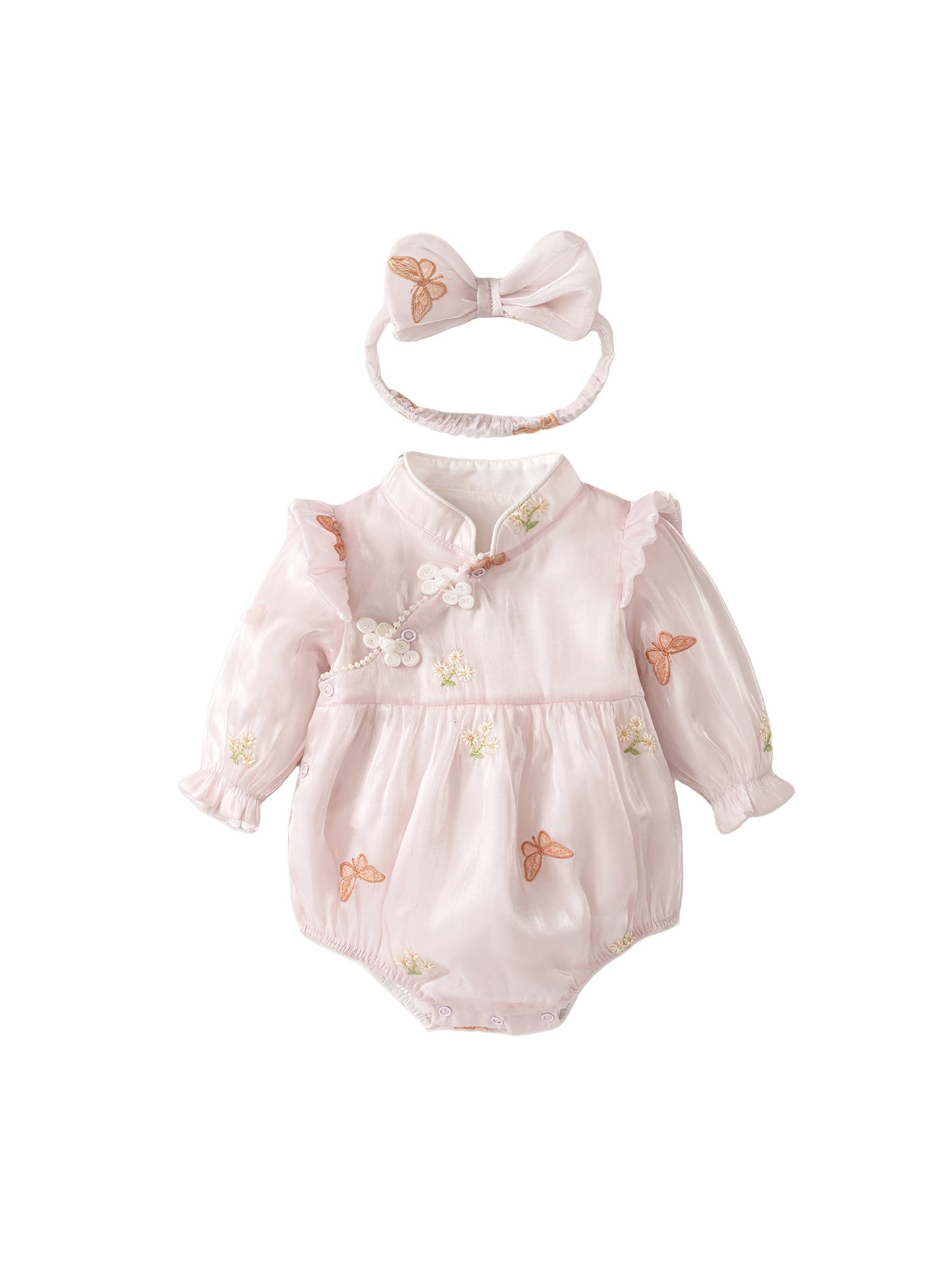 MyKids-USA® Autumn Arrival Baby Girls Long Sleeves Cute Flowers Pattern Embroidered Bodysuit with Headband