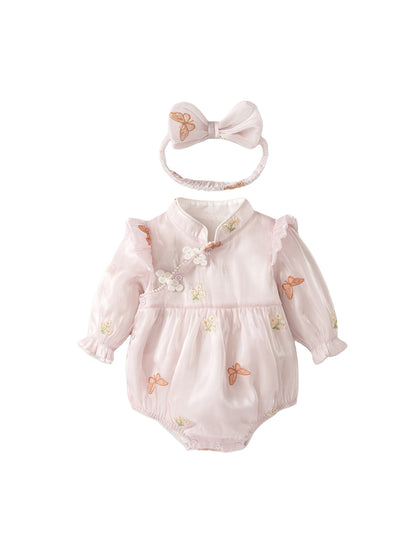 MyKids-USA® Autumn Arrival Baby Girls Long Sleeves Cute Flowers Pattern Embroidered Bodysuit with Headband