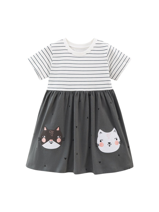 Spring And Summer Baby Girls Short Sleeves Cat Collection Striped Patchwork Dress