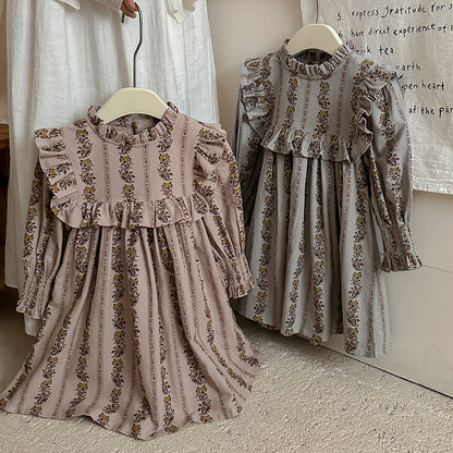 Spring and Autumn French Print Ruffle Stand Collar Long-sleeved Dress for Stylish Girls, MyKids-USA®, Baby & Toddler Dresses, MyKids-USA -  -  -  -  -  -  - 