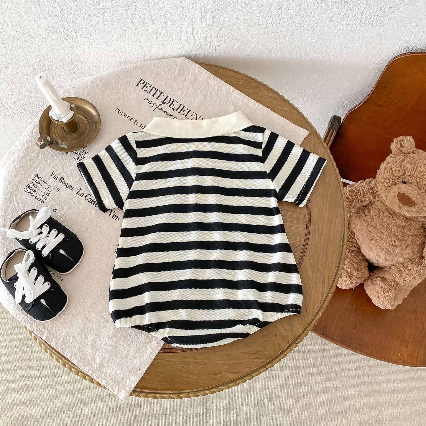 Summer New Arrival Baby Unisex Teddy Logo Striped Short Sleeves Turn-Down Collar Onesies