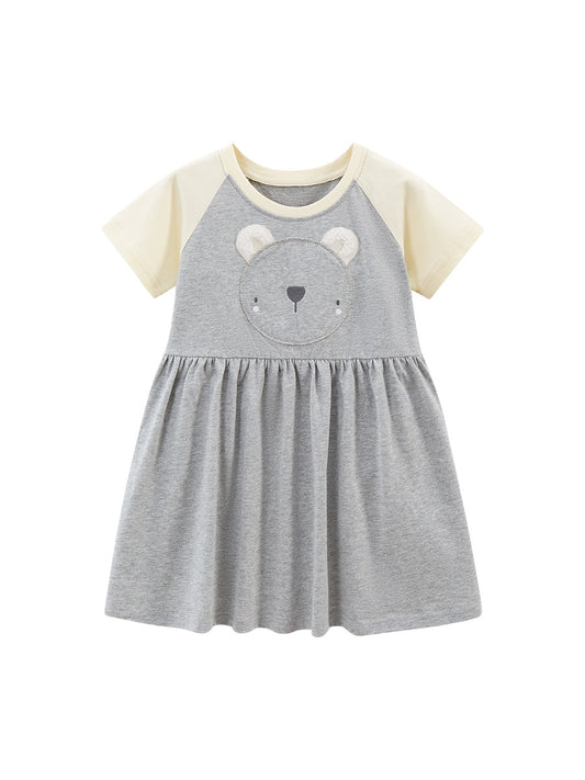 Spring And Summer Baby Girls Short Sleeves Bear Design Cartoon Pattern Dress