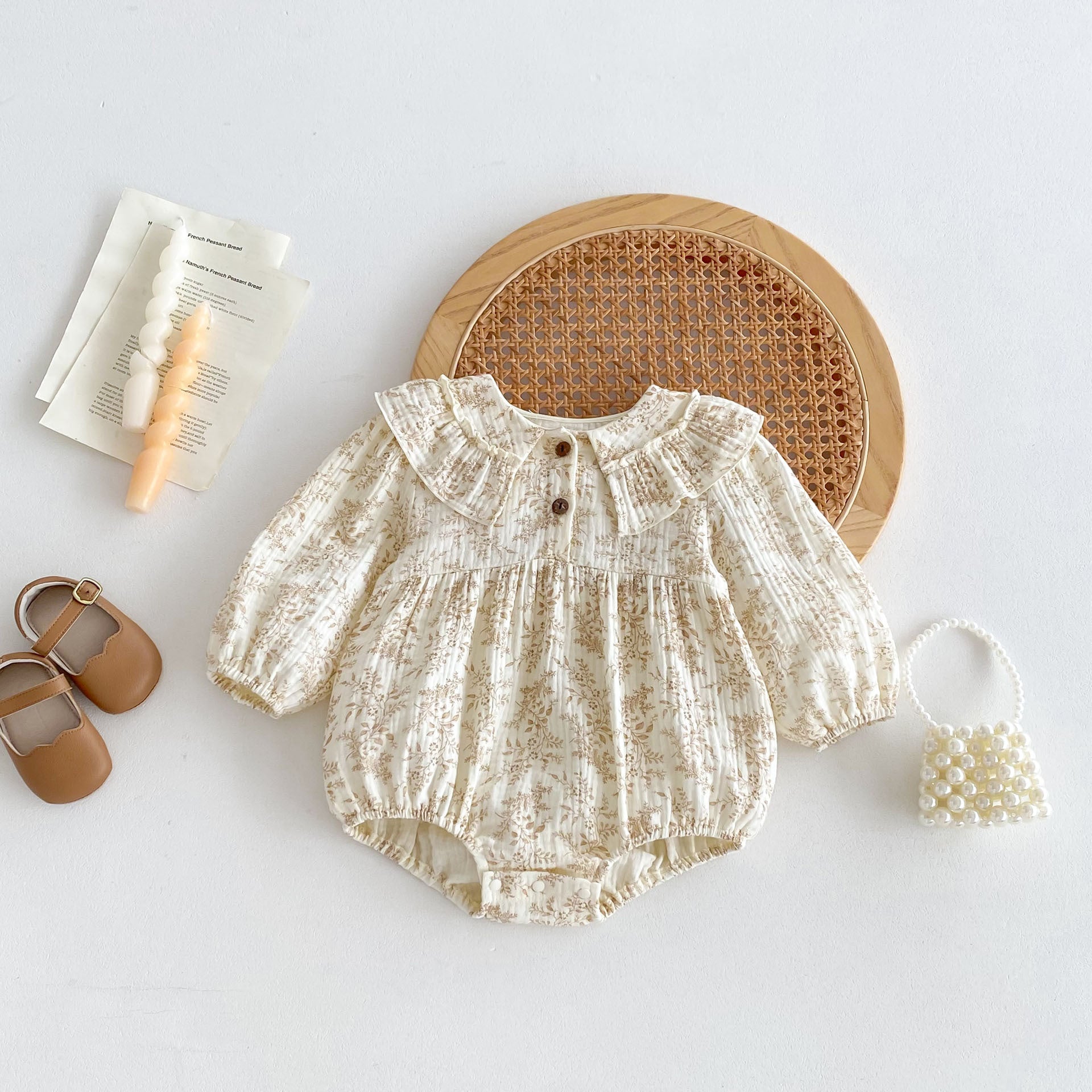 Autumn Arrival Baby Girls Long Sleeves Floral Print Princess Collar Onesies, MyKids-USA®, Baby One-Pieces, MyKids-USA - Size/Age - 66 (3-6M) - Color - Apricot -  -  - TR2408191004-A