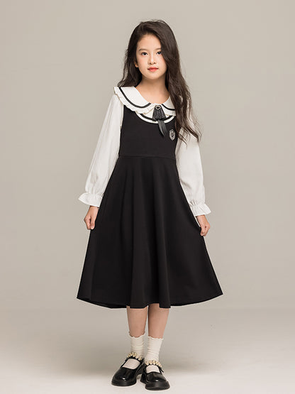 Arrival Autumn Kids Girls Long Sleeves Peter Pan Collar Shirt and Preppy Sleeveless Dress Sets