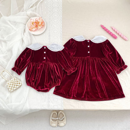 MyKids-USA® Baby Girls Long-sleeved Color Patchwork Flowers Collar Red Bodysuit or Dress – Princess Sister Matching
