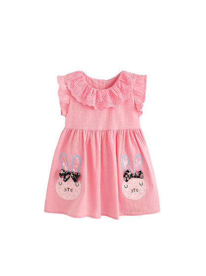 Summer Hot Selling Cute Cartoon Rabbits Pattern Fly Sleeves Dress for Stylish Girls