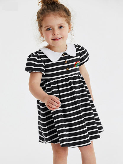 Baby Girls Peter Pan Collar Short Sleeves Striped Rainbow Logo Dress