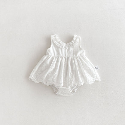 Design Summer Baby Kids Girls Sleeveless Solid Color Floral Pattern Bodysuit Dress