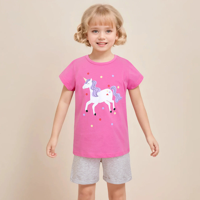 Kids’ Animals Cartoon Pattern Short Sleeves T-shirt in European and American Style for Summer, MyKids-USA®, Baby & Toddler Tops, MyKids-USA - Size/Age - 90 (12-24M) - Color - Pink -  -  - TR2503032253-A