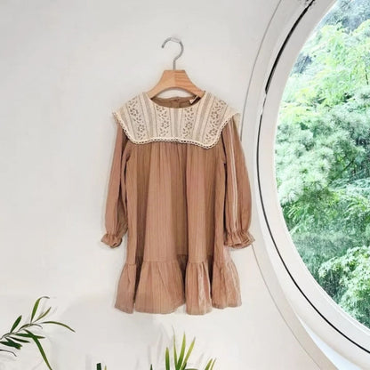 MyKids-USA® Autumn Arrival Lace Trim Collar Baby Kids Girls Princess Long Sleeves Dress