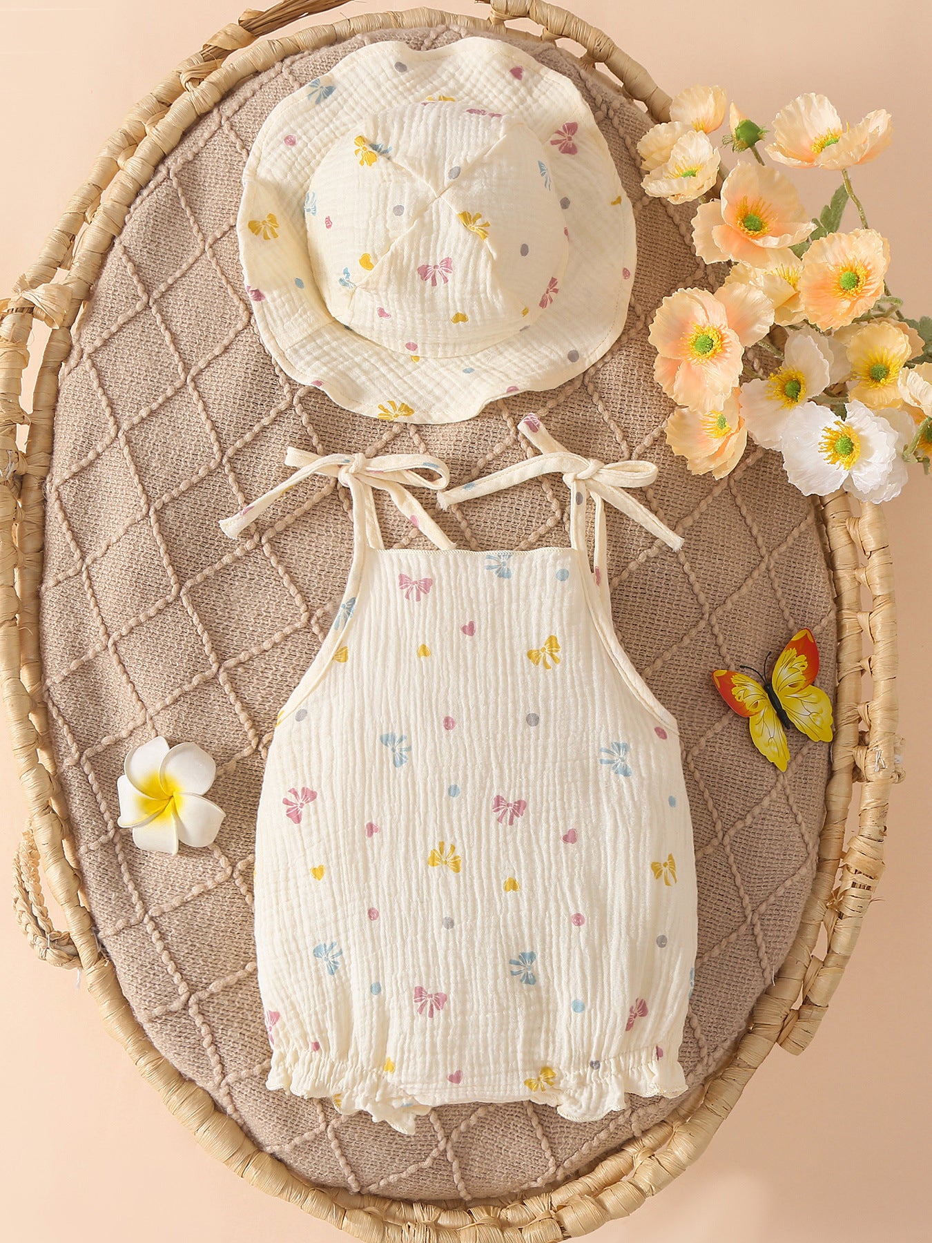 Design Summer Baby Kids Girls Sleeveless Hearts Pattern Bodysuit with Hat