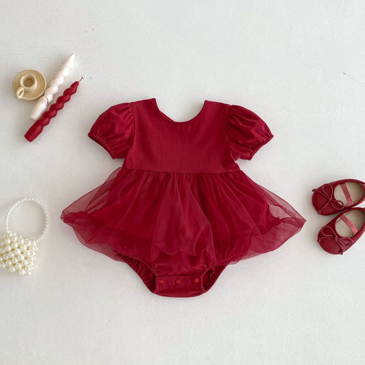 Summer Arrival Baby Girls Short Sleeves Tulle Decorated Onesies, MyKids-USA®, Baby One-Pieces, MyKids-USA - Size/Age - 66 (3-6M) - Color - Red -  -  - TR2506192015-A