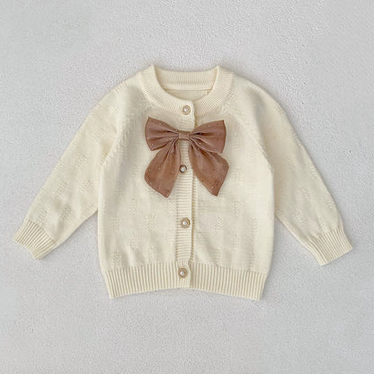 Autumn Arrival Baby Girls Comfortable Butterfly-bow Decorated Knitted Long Sleeves Cardigan, MyKids-USA®, Cardigans, MyKids-USA - Size/Age - 73 (6-9M) - Color - Beige -  -  - TR2507272244-A