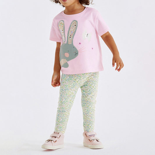 Baby Girls Kids Floral Rabbit Cartoon Pattern T-Shirt And Pants Two-Piece Set