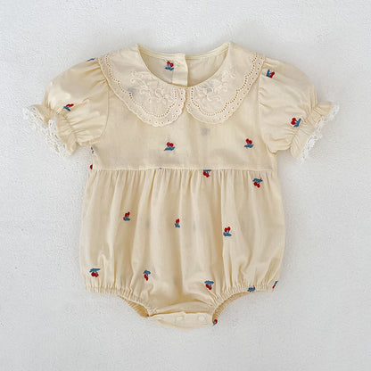 Summer Girls Cherry Pattern Lace Trim Short Sleeves Onesies and Dress – Princess Sister Matching Set, MyKids-USA®, Baby & Children's Outfits, MyKids-USA - Size/Age - 66 (3-6M) - Color - Apricot -  -  - TR2604192149-A.