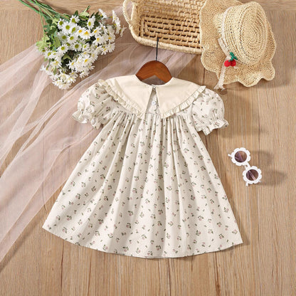 Summer Baby Kids Girls Short Sleeves Floral Dress with Heart Pattern Collar, MyKids-USA®, Baby & Toddler Dresses, MyKids-USA -  -  -  -  -  -  - 