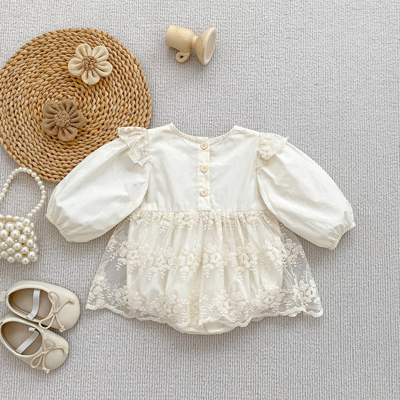 Spring Arrival Baby Girls Long Sleeves Floral Tulle Decorated Dress Design Bodysuit