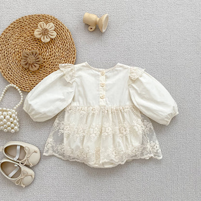 Spring Arrival Baby Girls Long Sleeves Floral Tulle Decorated Dress Design Bodysuit