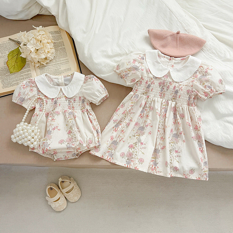 New Arrival Summer Girls Peter Pan Collar Short Sleeves Floral Print Onesies And Dress – Princess Sister Matching Set