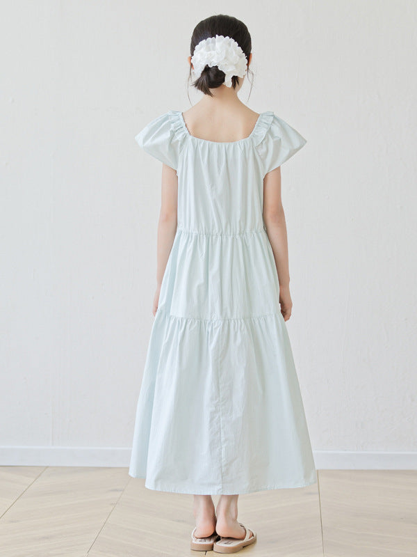 Summer Arrival Short Sleeves Solid Color Square Neck Dress for Stylish Girls