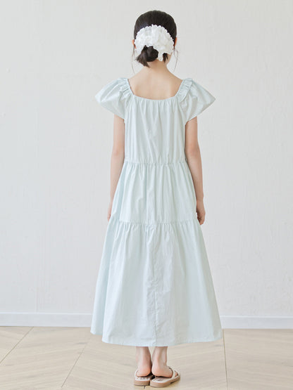 Summer Arrival Short Sleeves Solid Color Square Neck Dress for Stylish Girls