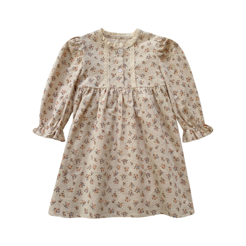 Arrival Autumn Girls Vintage Flowers Pattern Long Sleeves Lace Trim Crew Neck Dress, MyKids-USA®, Baby & Toddler Dresses, MyKids-USA - Size/Age - 90 (12-24M) - Color - Apricot -  -  - TR2508272146-A