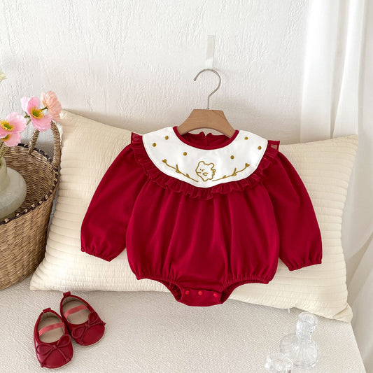Autumn Arrival Baby Girls Long Sleeves Rabbit Embroidery Collar Red Onesies, MyKids-USA®, Baby One-Pieces, MyKids-USA -  -  -  -  -  -  - 