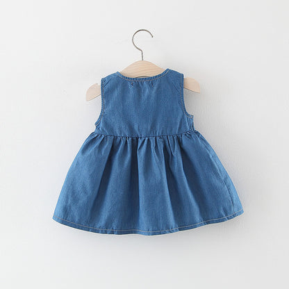 Baby Girl Solid Blue Denim Dress In Summer
