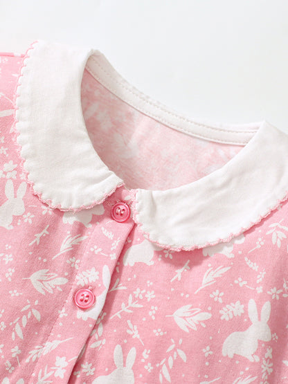 Baby Kids Girls Pink Short Sleeves Dress With Rabbits And Flowers Pattern