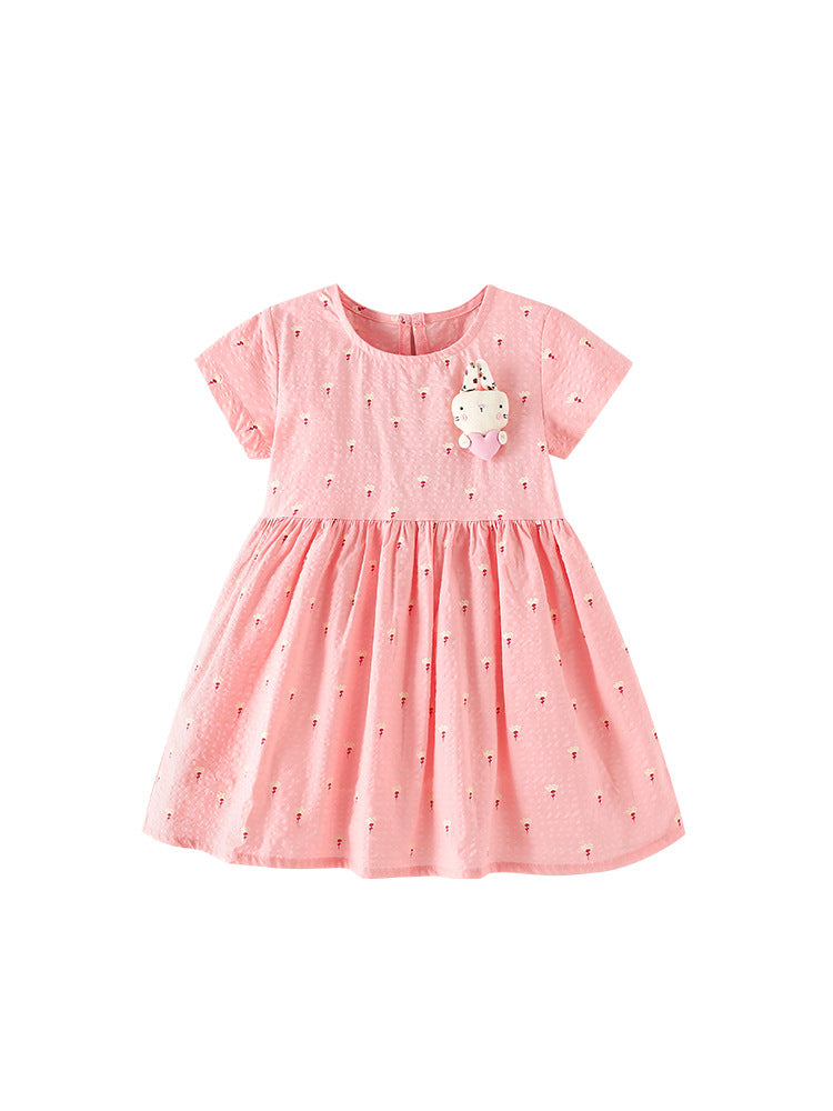 Summer Baby Kids Girls Short Sleeves Cute Flowers and Cartoon Pattern Dress