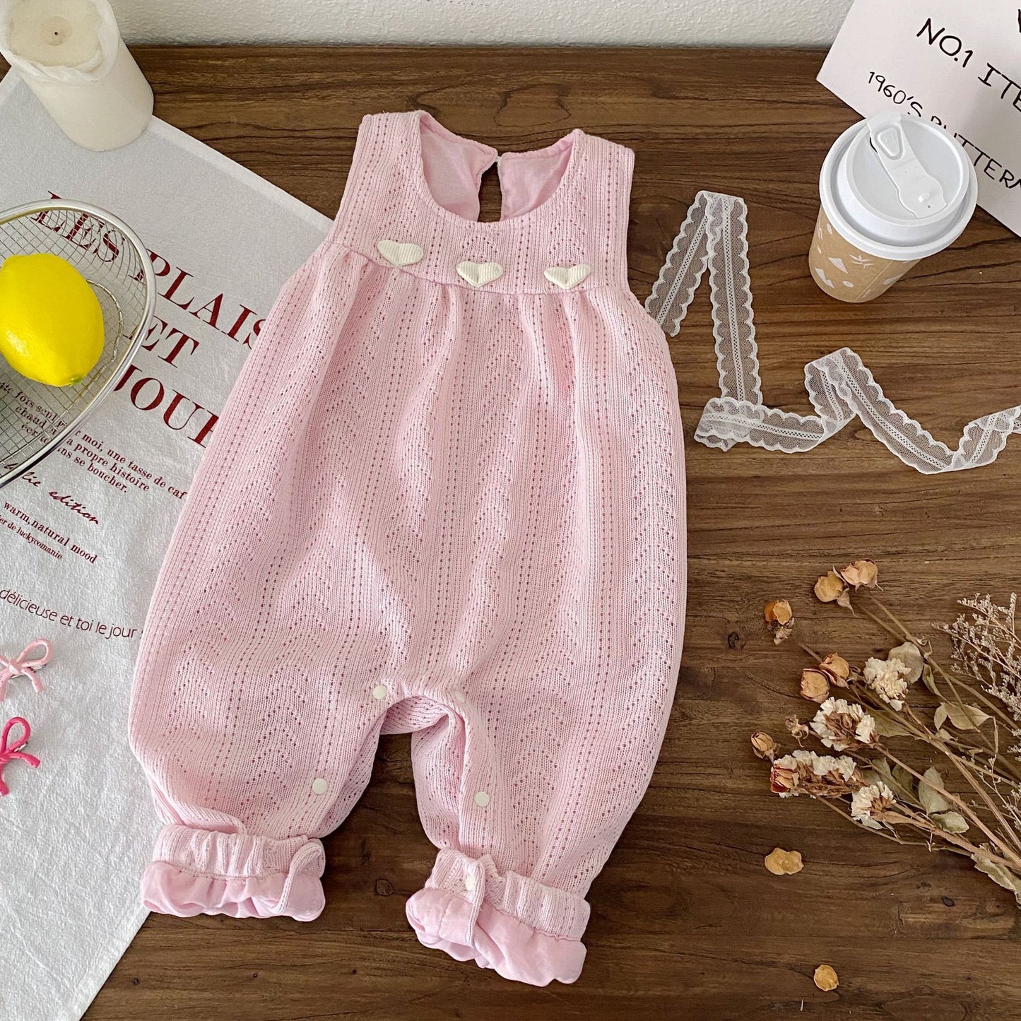 Spring and Autumn Baby Kids Girls Long Sleeves Floral Pattern Top and Pink Sleeveless Hollow-out Rompers Clothing Set