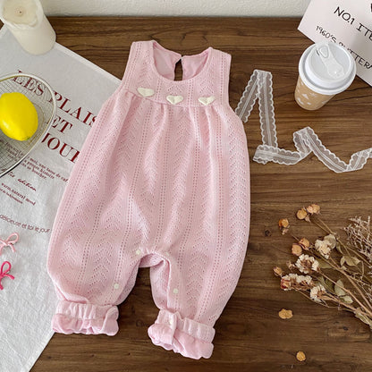 Spring and Autumn Baby Kids Girls Long Sleeves Floral Pattern Top and Pink Sleeveless Hollow-out Rompers Clothing Set