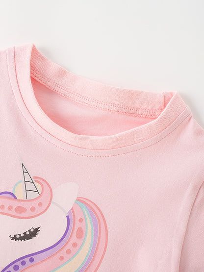 Summer Baby Kids Girls Short Sleeves Cartoon Unicorn Pattern Dress