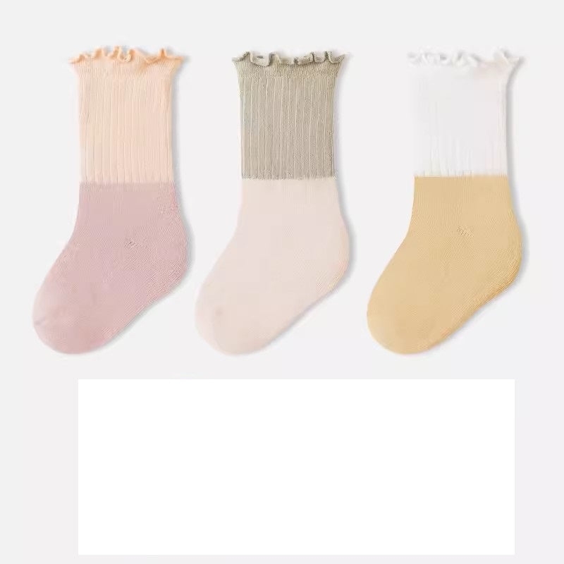 Baby Kids Unisex Patchwork Comfortable Mid-Calf Socks With Ribbed Cuffs Set