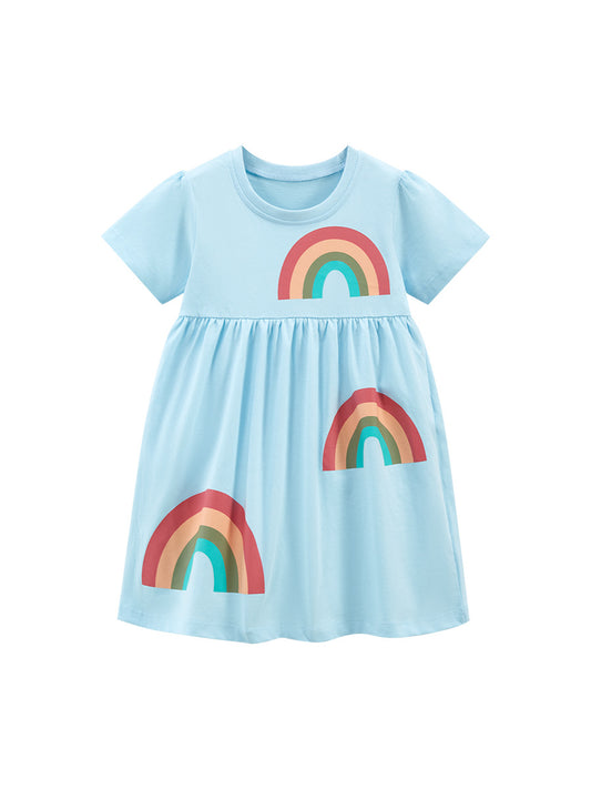 Spring And Summer Baby Girls Blue Short Sleeves Rainbow Pattern Dress