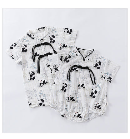Summer Hot Selling Baby Unisex Panda Print Striped Single Breasted Onesies And Romper Clothing Set