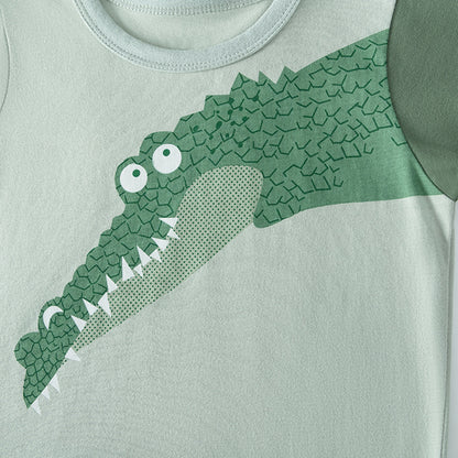 Summer Hot Selling Baby Kids Boys Short Sleeves Cartoon Pattern T-shirt and Plain Shorts Clothing Set