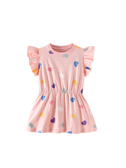 Summer Baby Kids Girls Fly Sleeves Hearts Pattern Dress