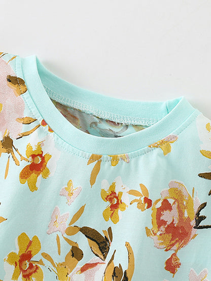 Summer Baby Kids Girls Floral Print Short Sleeves T-Shirt And Shorts Casual Clothing Set