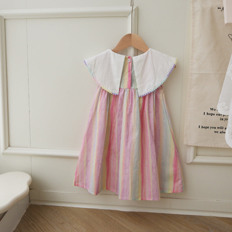 New Design Summer Kids Girls Colorful Striped Sleeveless Hobbyhorse Embroidered Collar Dress
