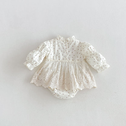 MyKids-USA® Baby Girls Long Sleeves Flowers Pattern Lace Trim Bodysuit Dress