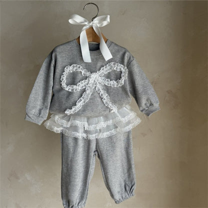 MyKids-USA® Spring and Autumn Baby Kids Girls Long Sleeves Butterfly-bow Pattern Top and Lace Trim Pants