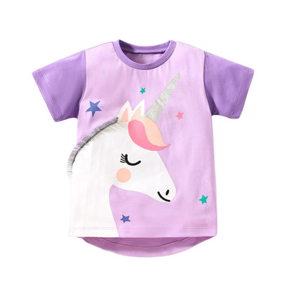 Cute Knit Round Neck Starry Unicorn Cartoon Girls’ T-Shirt In European And American Style For Summer